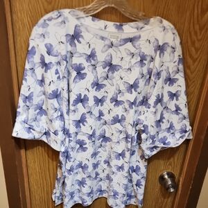 White and Blue Ruffled Bell Sleeve Blouse